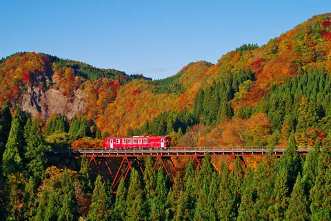 深紅の橋梁と紅葉 / 秋田県