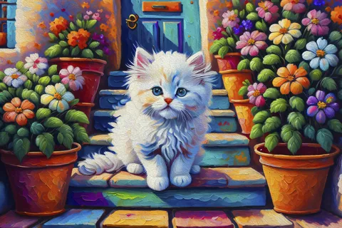 Chaton blanc sur le perron