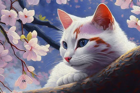 Cerisiers en fleurs et chat blanc