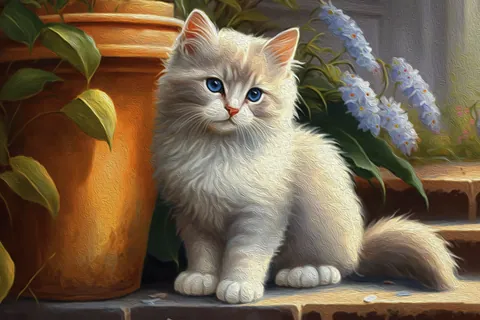 Chaton duveteux blotti dans un pot de fleurs