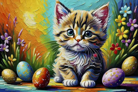 Œufs de Pâques et petit chaton