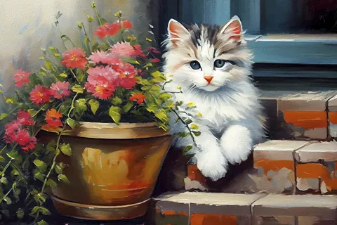 Chaton et fleurs colorées