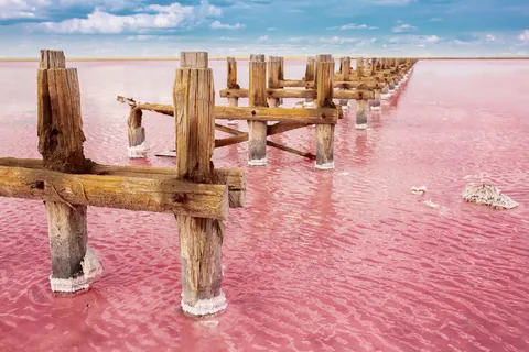 Vervallen steiger in een roze meer
