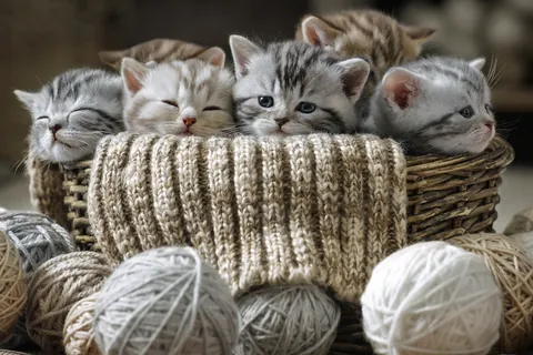 毛糸の玉と子猫たち