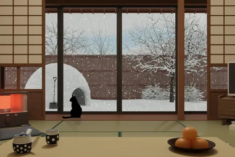 La neige vue d’une pièce japonaise
