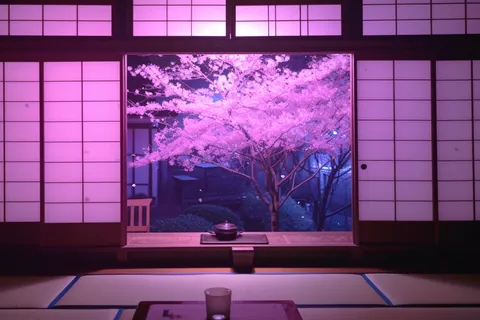 Cerisiers de nuit vus d’une pièce japonaise