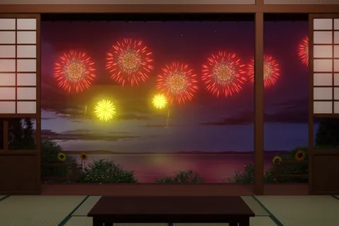 Feu d’artifice vu d’une pièce japonaise