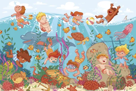Niños jugando en el mar