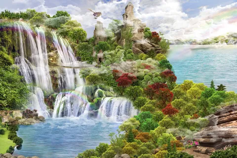 Bosque irisado con el sonido de las cascadas