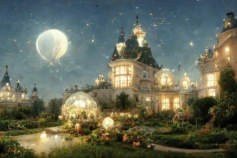Mansión blanca de noche entre flores y estrellas