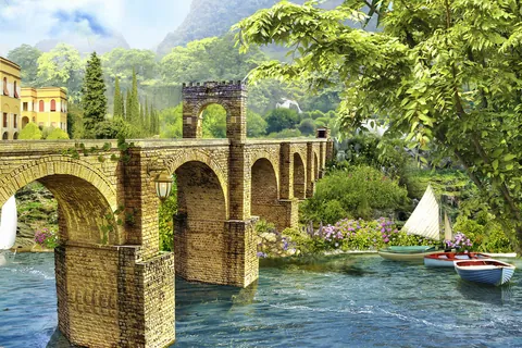 Landschap met stenen brug