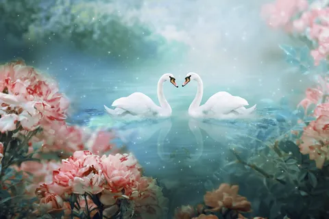 Flores escarlata y cisnes